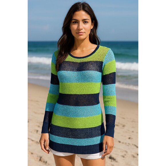 525 America Mesh Stripe Sweater Perfect For Beach Coverups Coastal Mischief - Picture 3 of 13